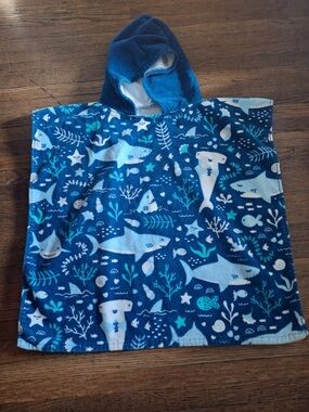 Kids Hooded Towel Poncho - Blue Shark & Ocean Print